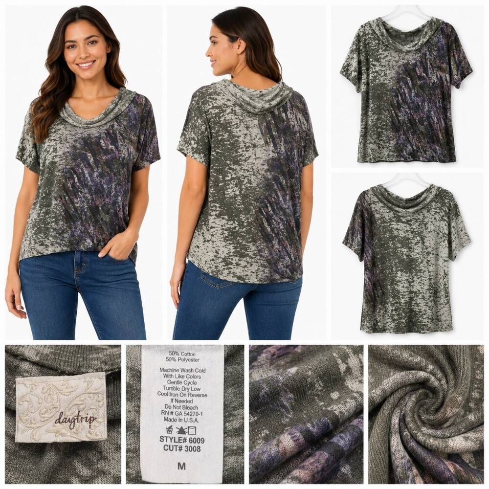 Daytrip Womens Cowl Neck Abstract Top Green M
